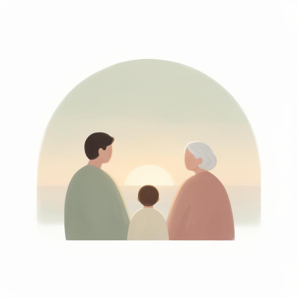A family standing together at sunrise